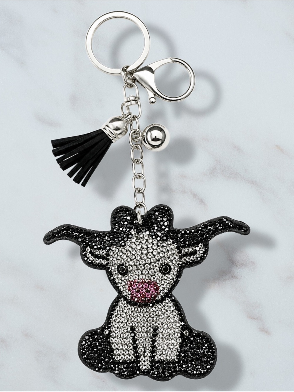 Longhorn Grey Cow Rhinestone Charm Keychain